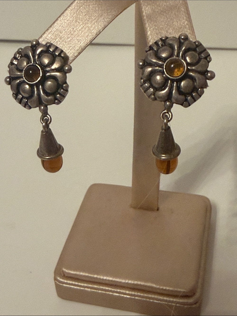 EARRINGS STERLING SILVER 925 AMBER CENTER & DROP PIERCE POST 12.9g